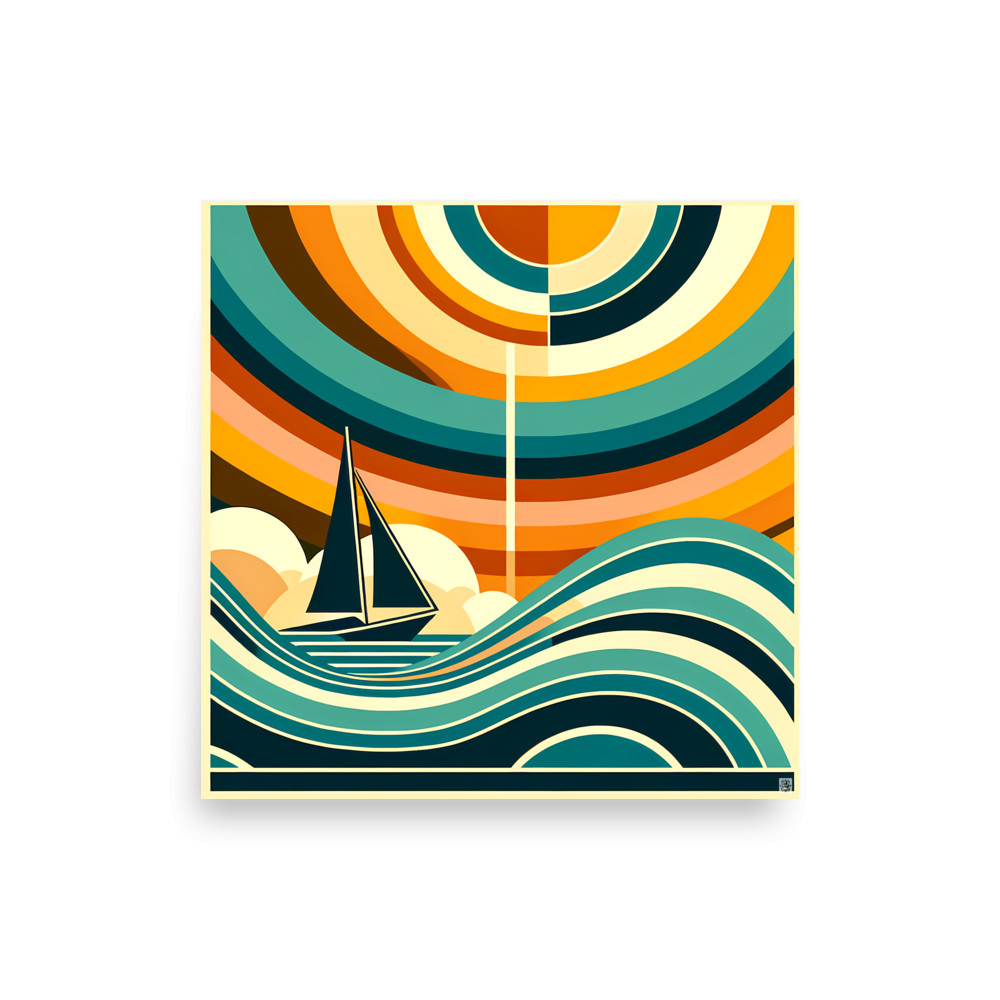 Geometric Sailboat Beneath Concentric Sunset Waves — Art Print