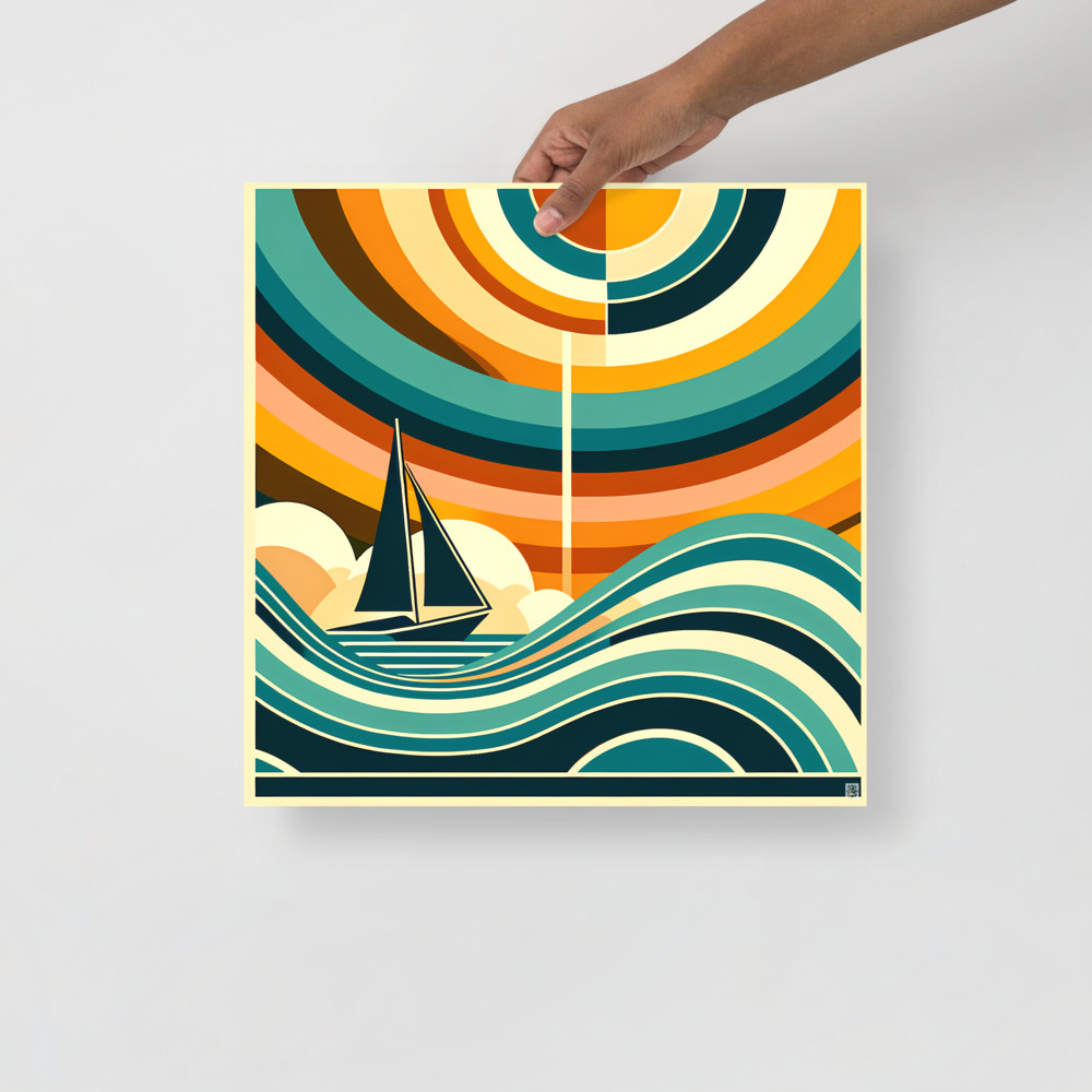 Geometric Sailboat Beneath Concentric Sunset Waves