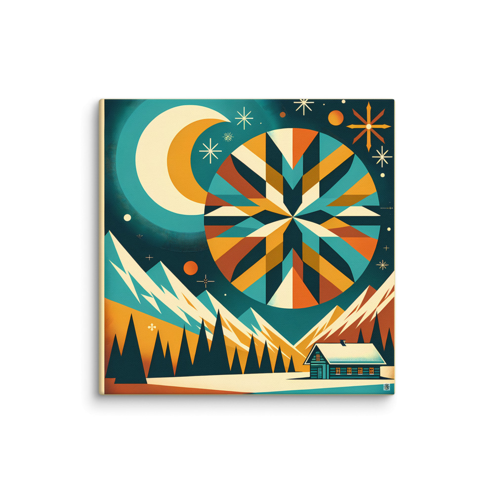 Geometric Winter Moon and Snowflake Landscape — Canvas Print