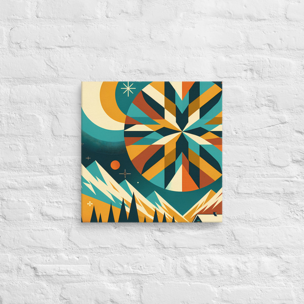Geometric Winter Moon and Snowflake Landscape