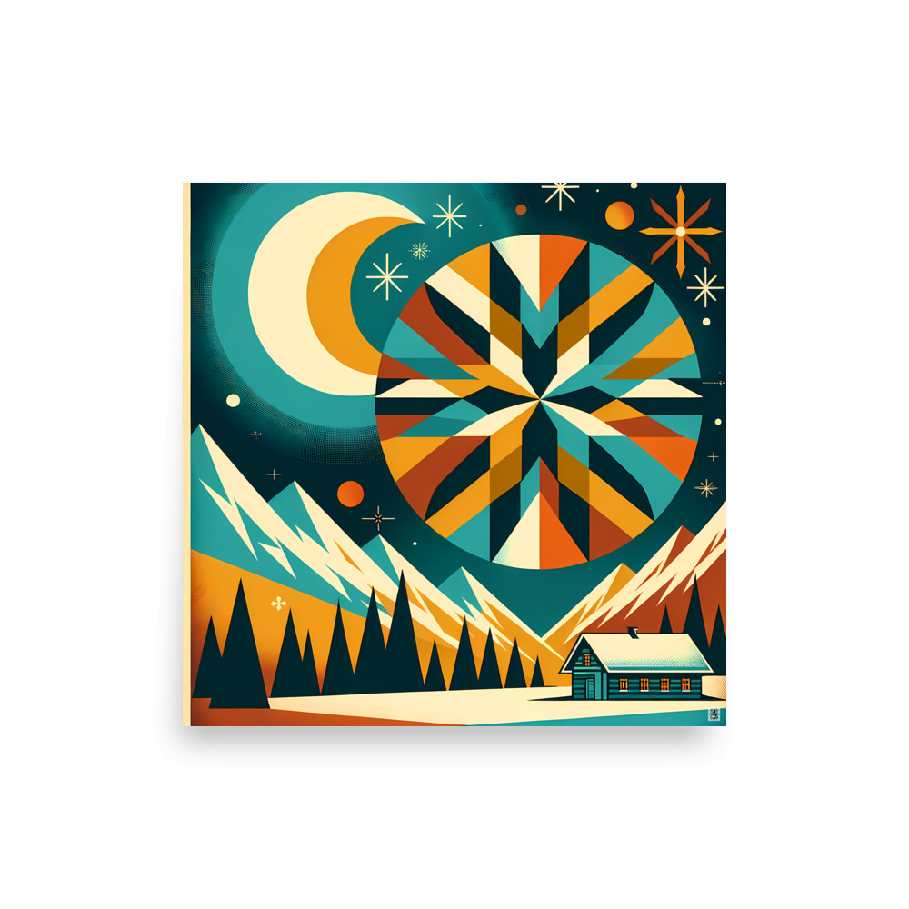 Geometric Winter Moon and Snowflake Landscape — Art Print