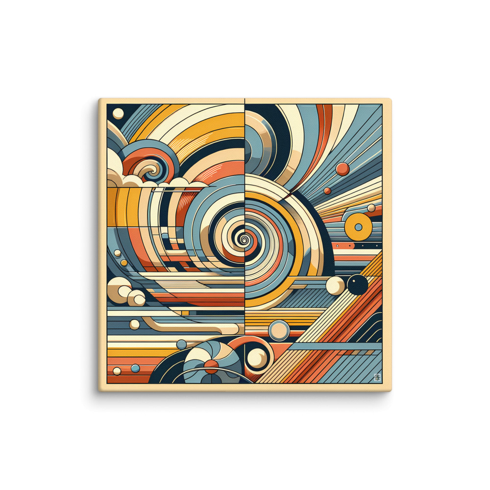 Retro Geometric Spiral Abstract in Teal and Ochre — Canvas Print