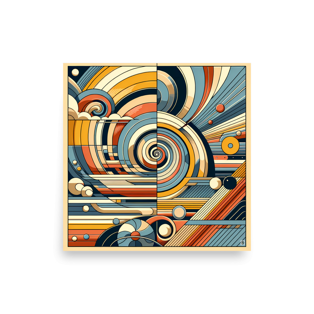 Retro Geometric Spiral Abstract in Teal and Ochre — Art Print