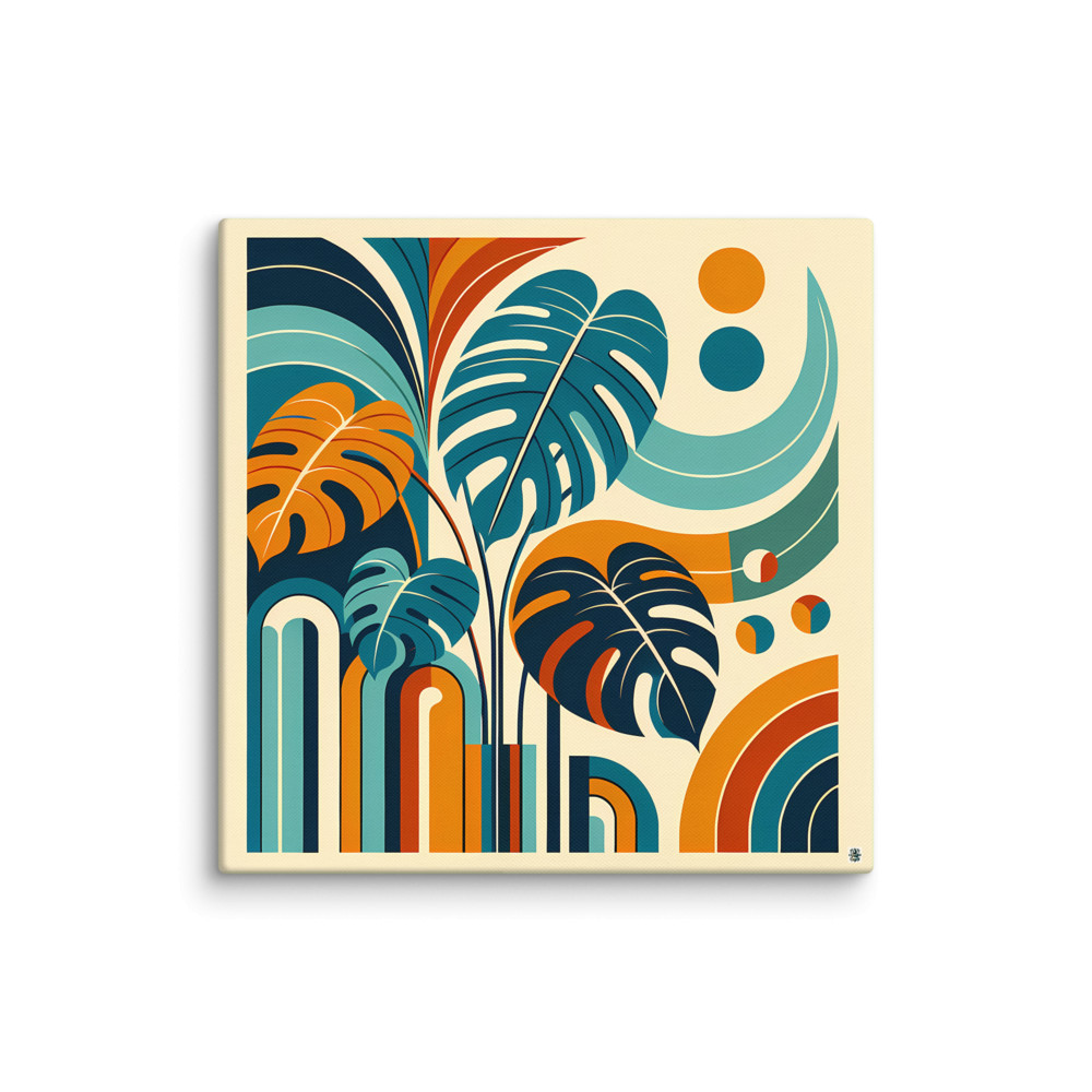 Abstract Monstera Leaves with Geometric Arches — Canvas Print