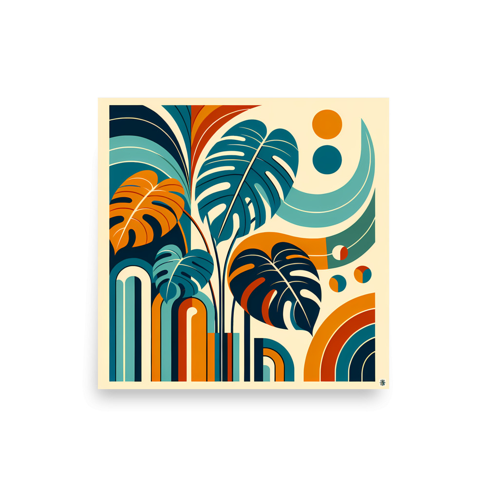 Abstract Monstera Leaves with Geometric Arches — Art Print