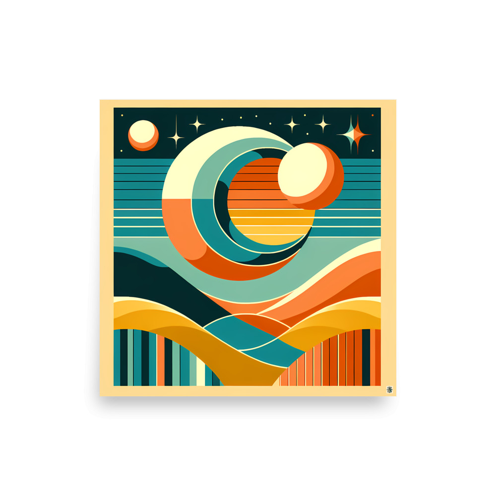 Geometric Sun and Moon Over Abstract Desert — Art Print
