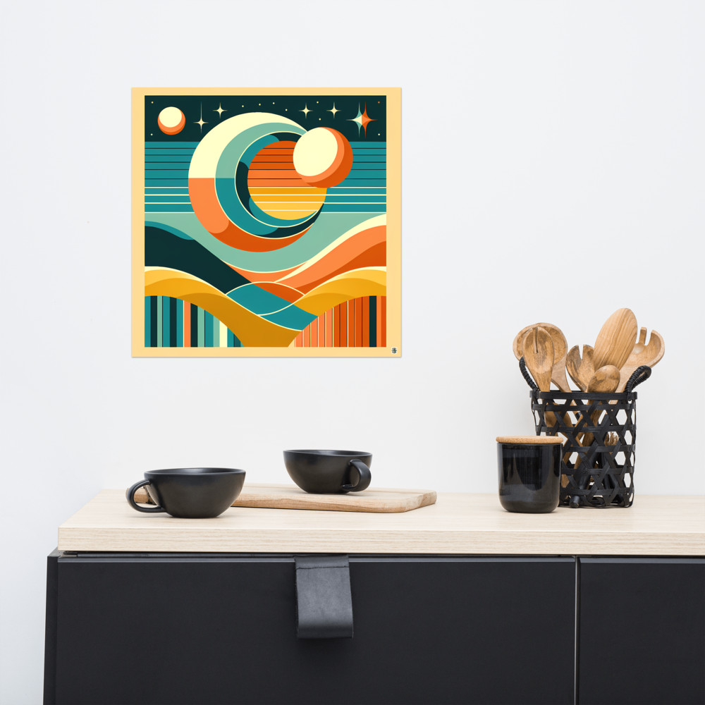 Geometric Sun and Moon Over Abstract Desert