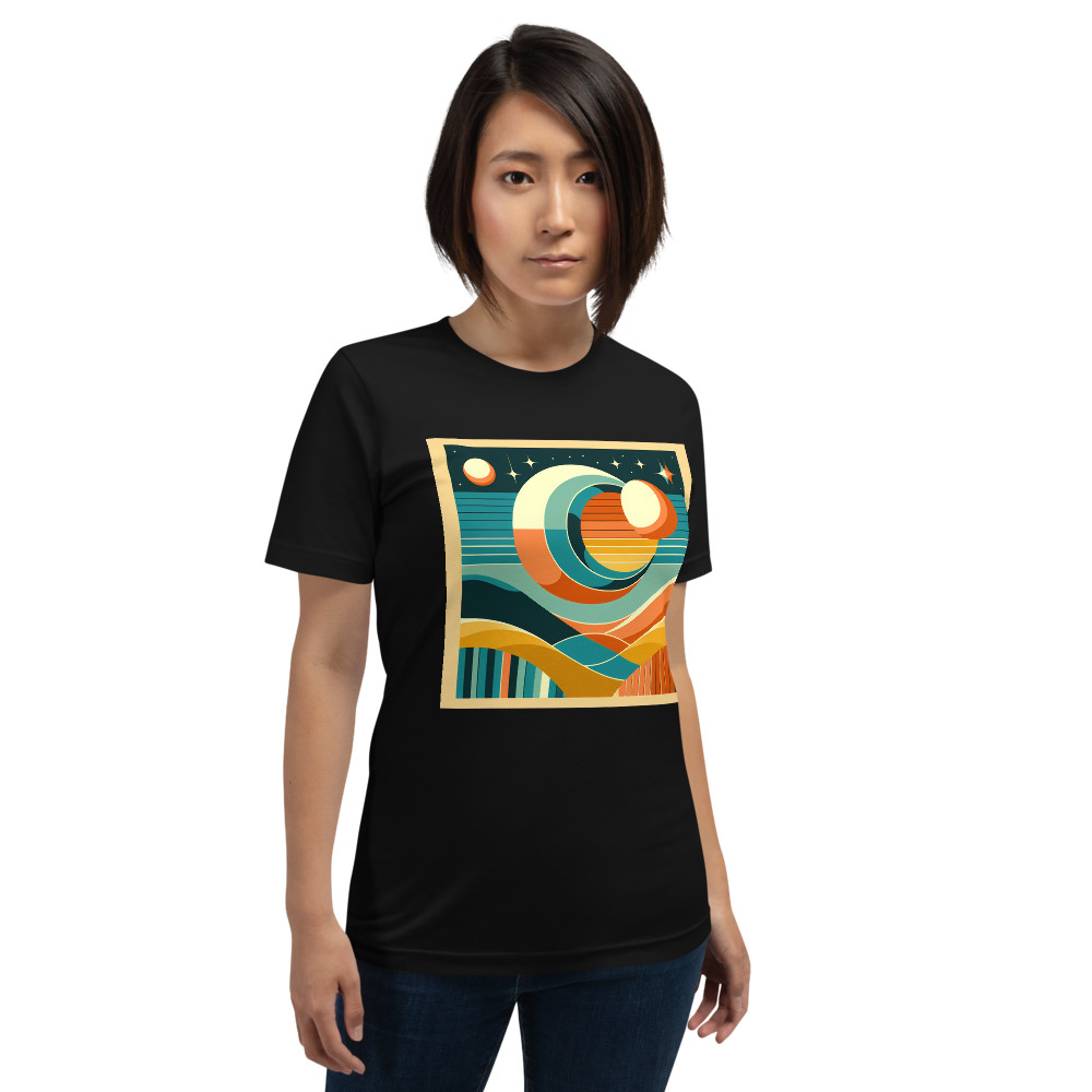 Geometric Sun and Moon Over Abstract Desert