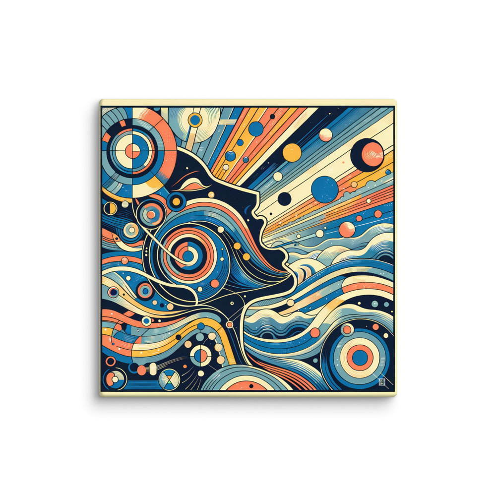Retro Cosmic Woman Profile with Geometric Orbs — Canvas Print