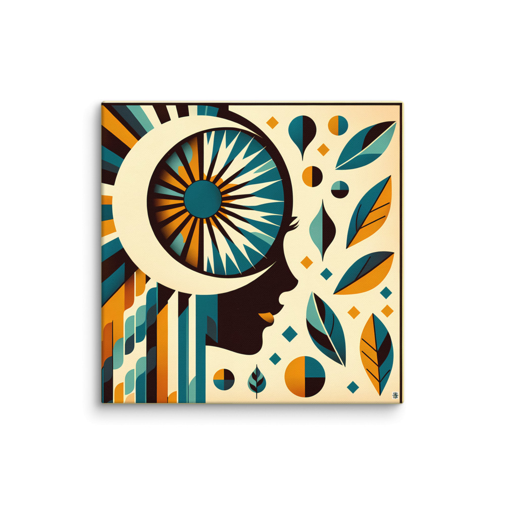 Abstract Face with Sunburst Eye and Leaves — Canvas Print