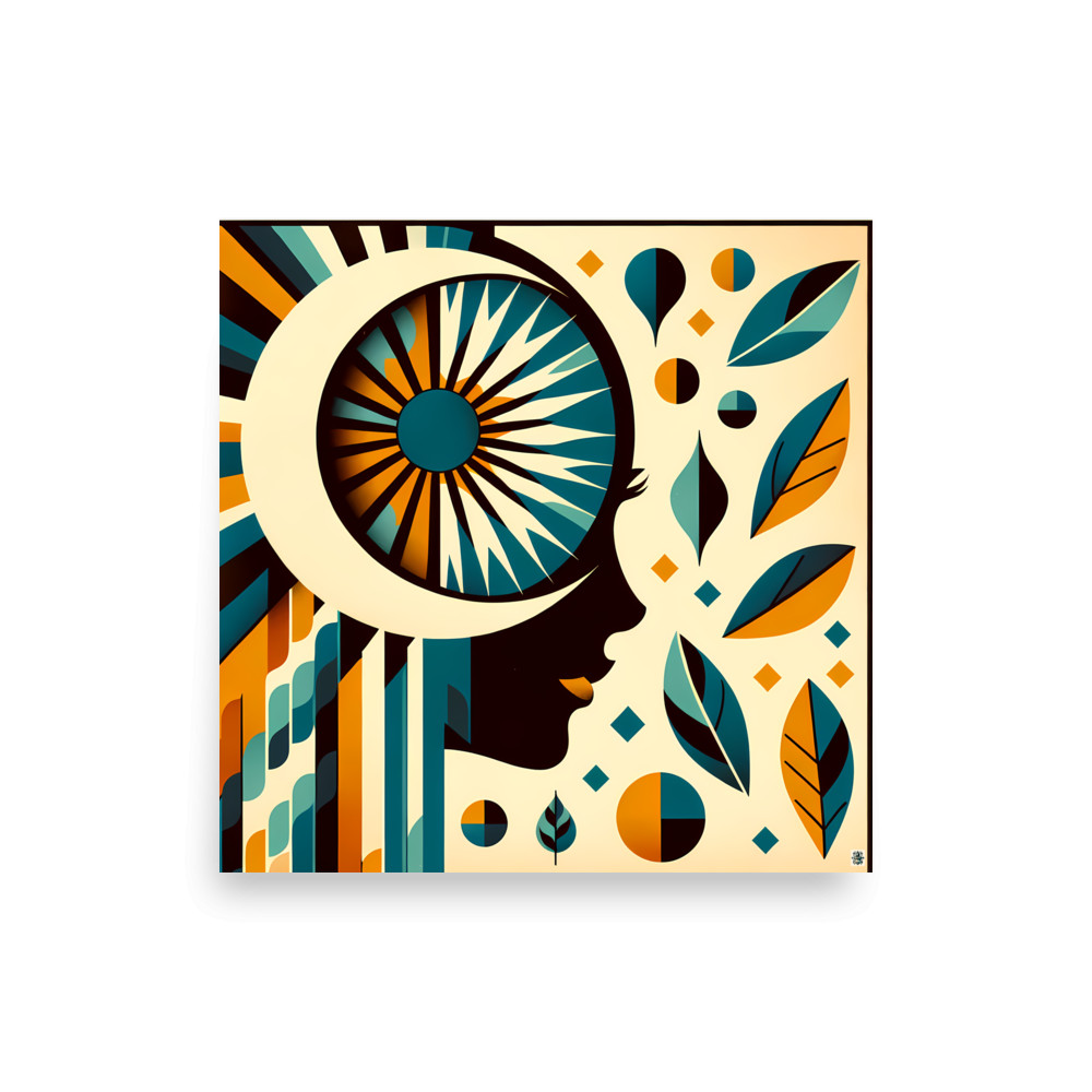 Abstract Face with Sunburst Eye and Leaves — Art Print