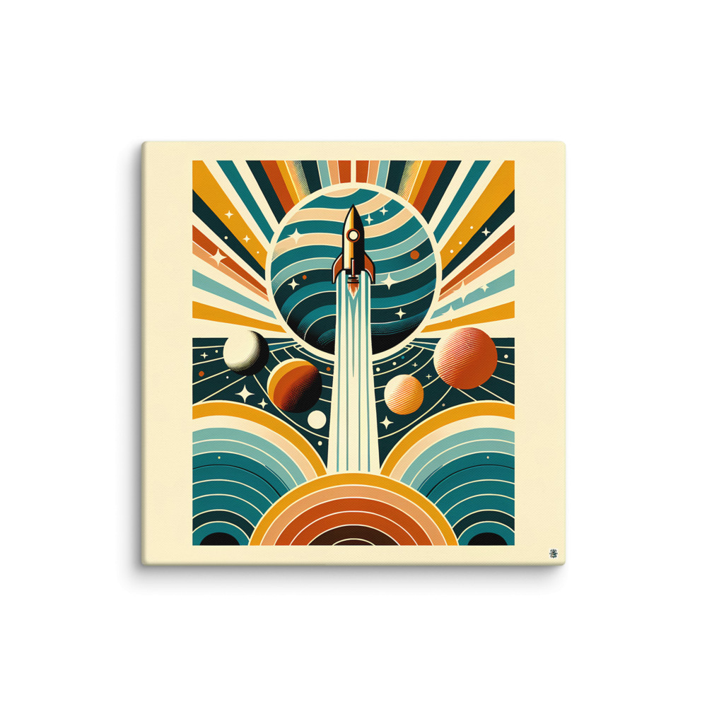 Retro Rocket Launch Through Planet Rings — Canvas Print