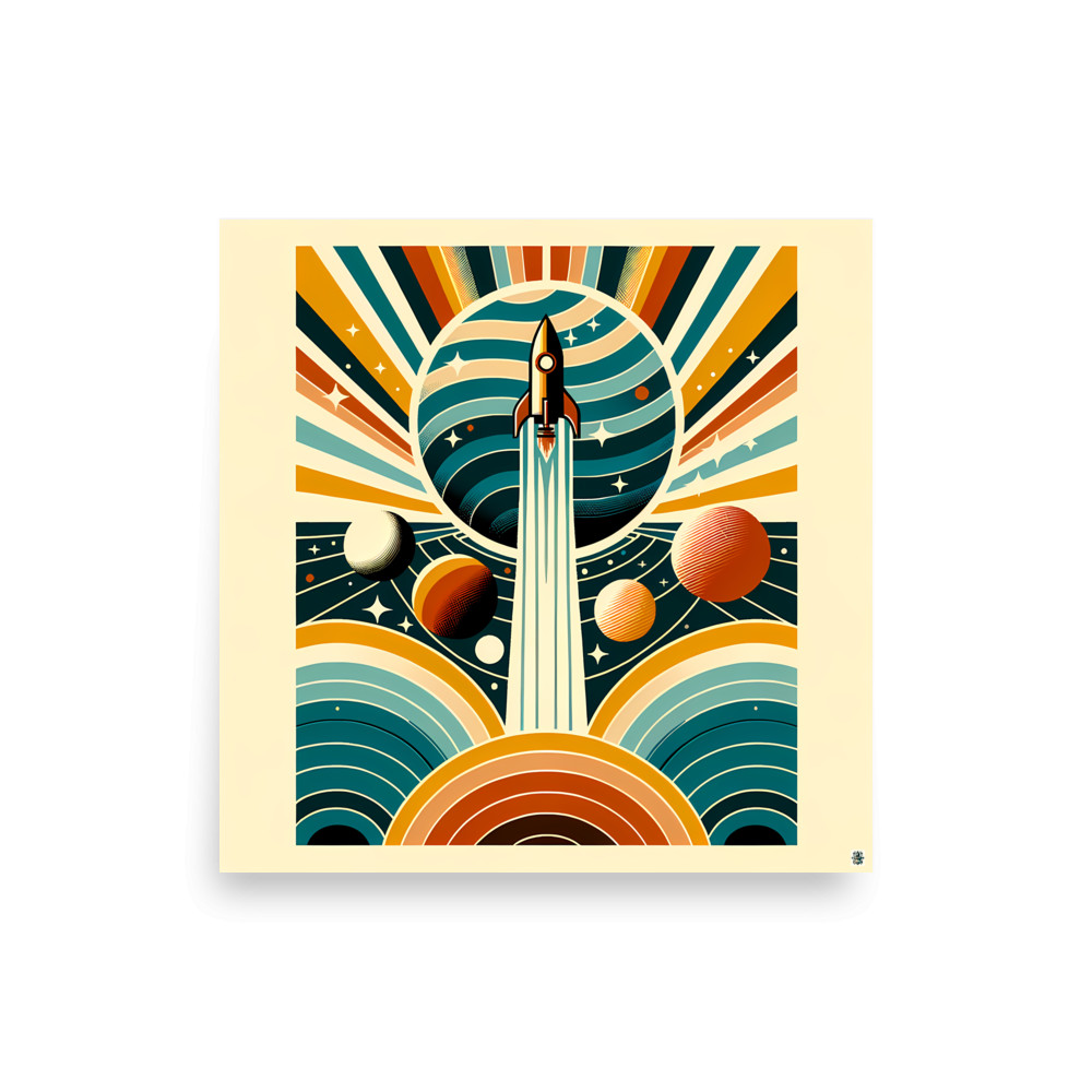 Retro Rocket Launch Through Planet Rings — Art Print