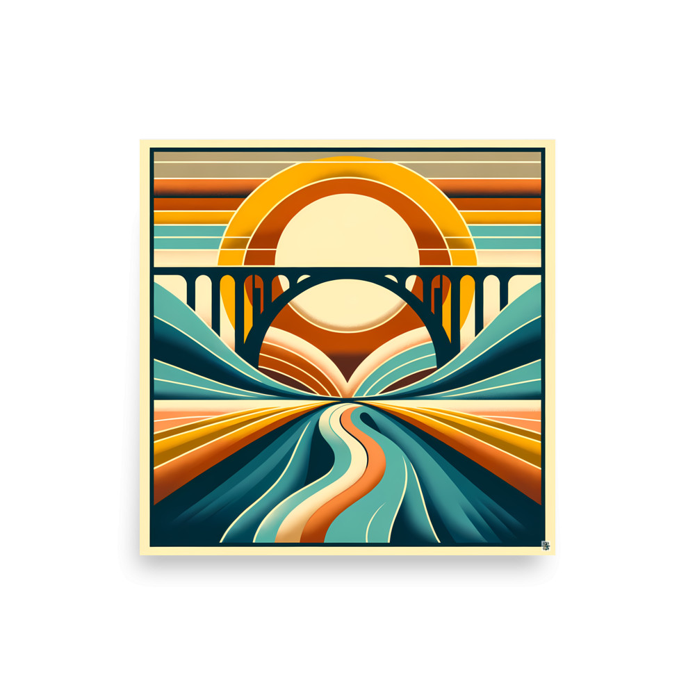 Retro Bridge at Sunrise Landscape — Art Print