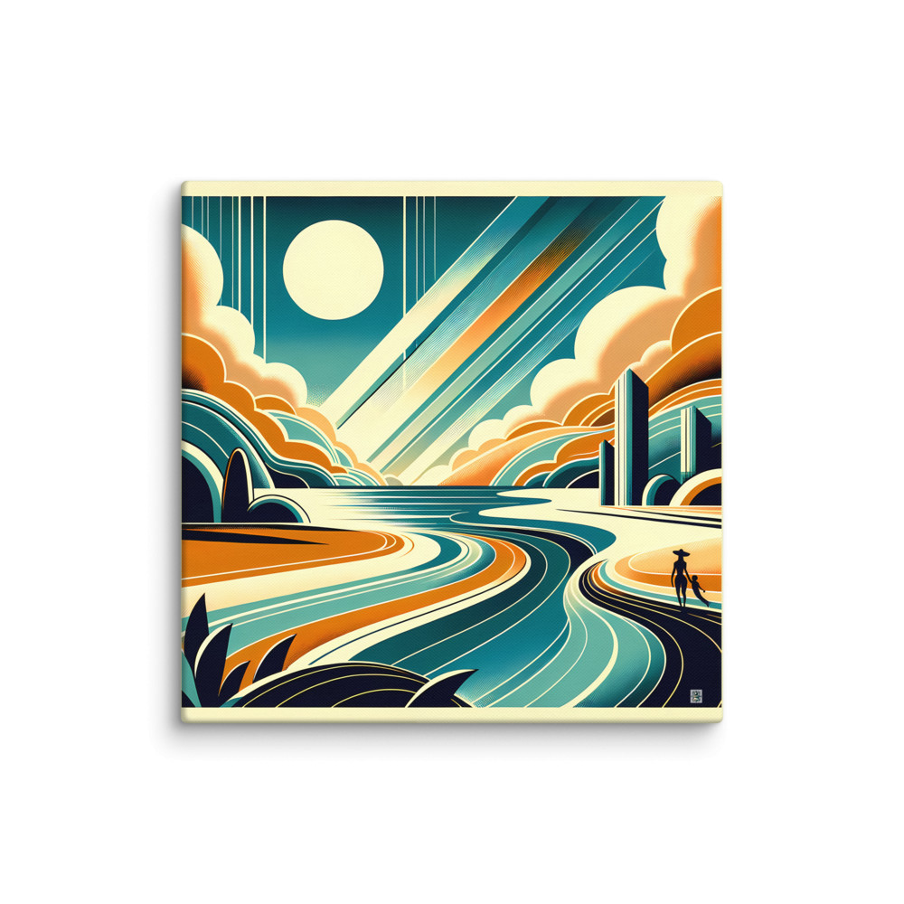 Retro Coastal Landscape with Sun and Geometric Clouds — Canvas Print