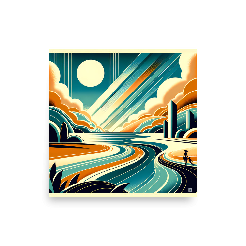 Retro Coastal Landscape with Sun and Geometric Clouds — Art Print