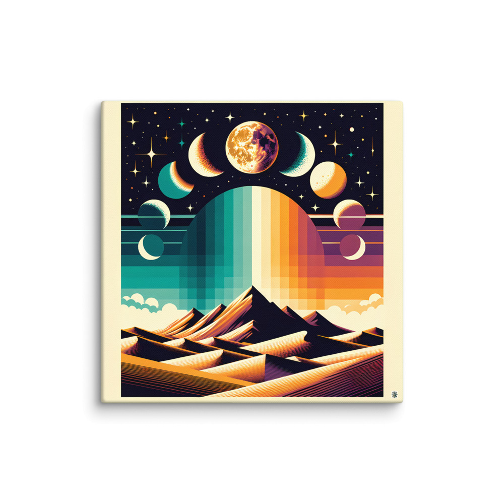 Geometric Moon Phases Over Desert Mountains — Canvas Print