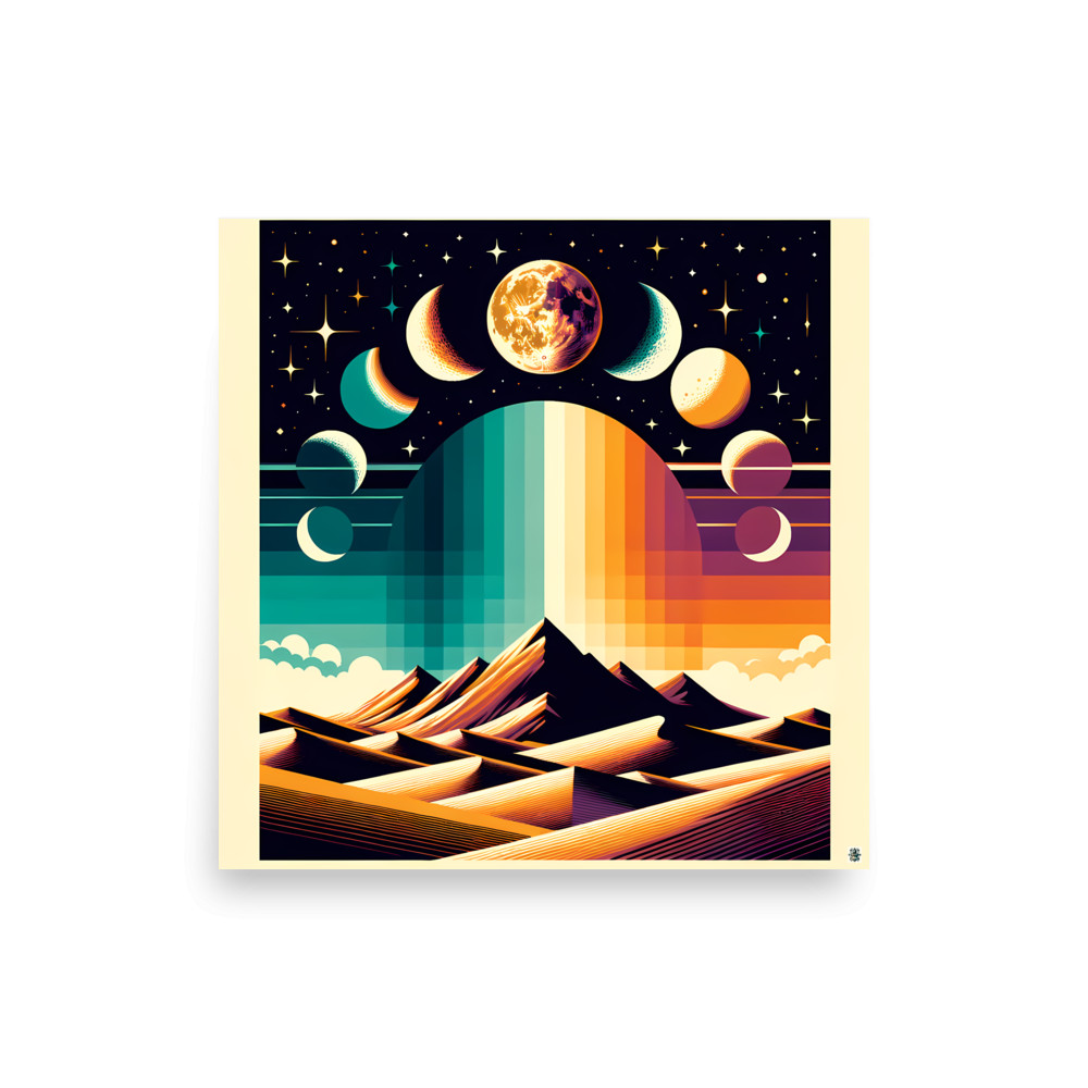 Geometric Moon Phases Over Desert Mountains — Art Print