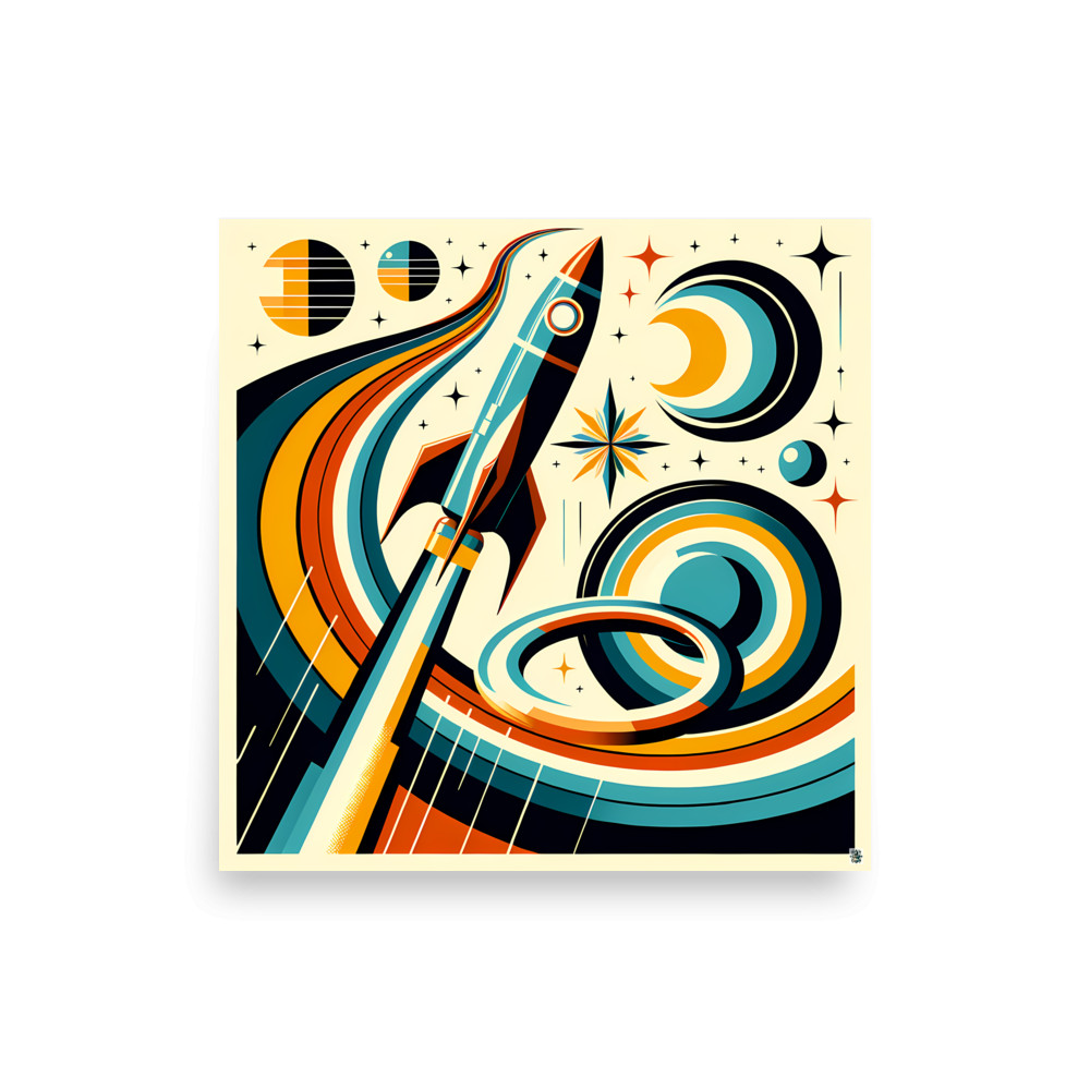 Bold Sticker Rocket with Planets and Cosmic Swirls — Art Print