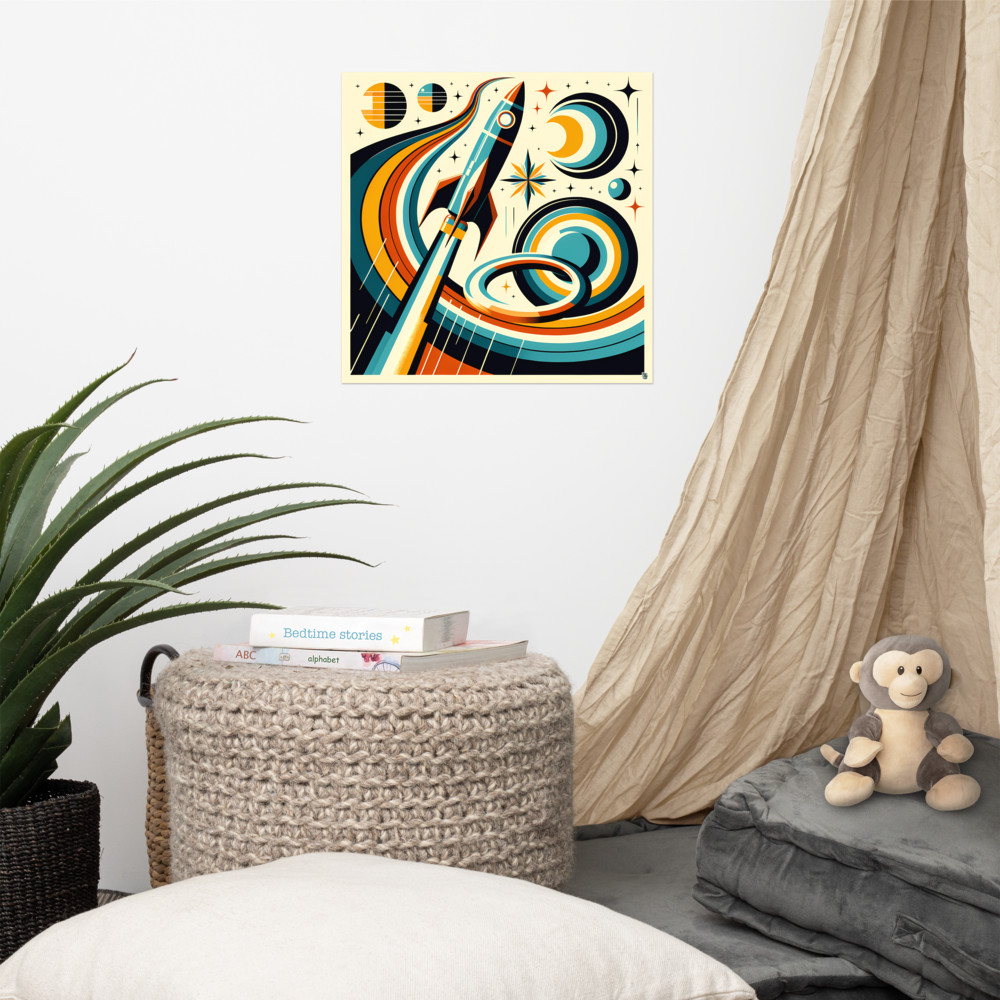 Bold Sticker Rocket with Planets and Cosmic Swirls