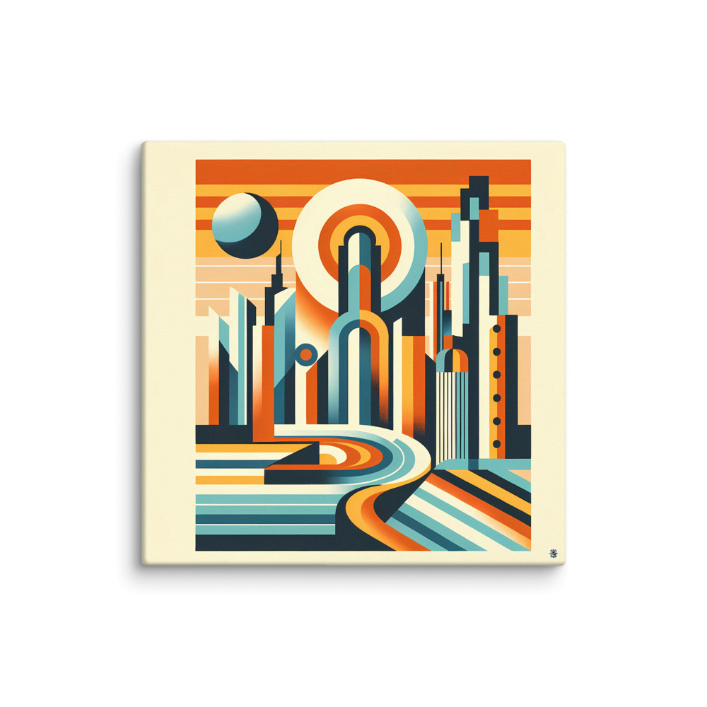 Retro Futurist Cityscape with Sun and Curved Road — Canvas Print