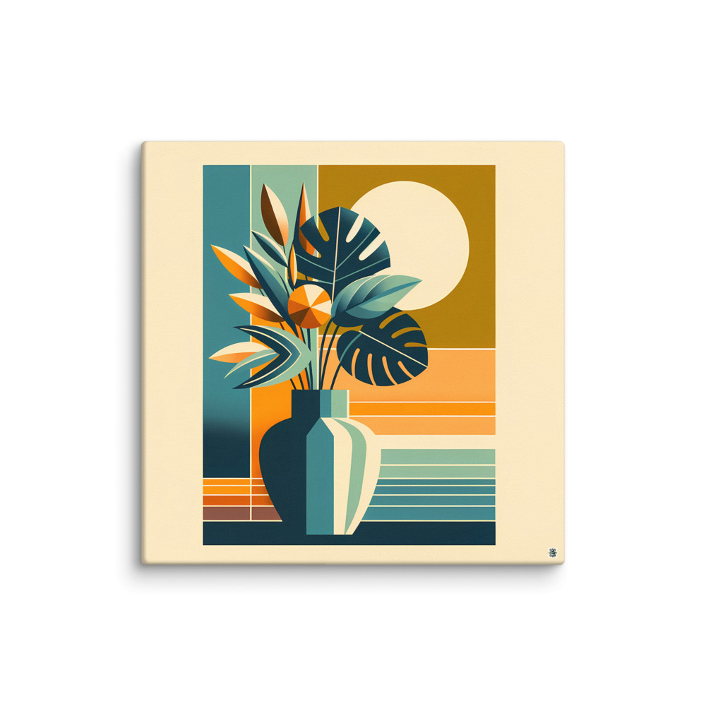 Geometric Botanical Vase with Sun and Tropical Leaves — Canvas Print