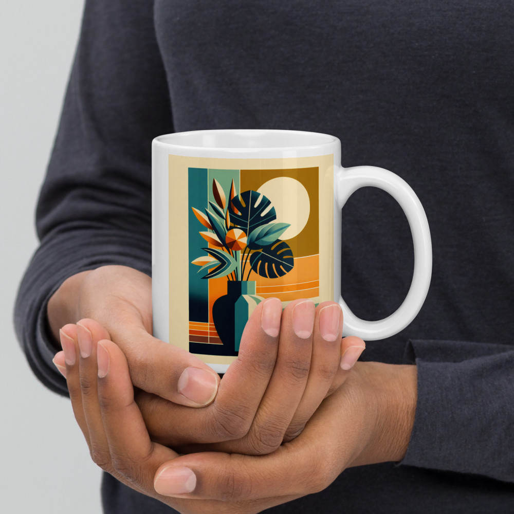 Geometric Botanical Vase with Sun and Tropical Leaves