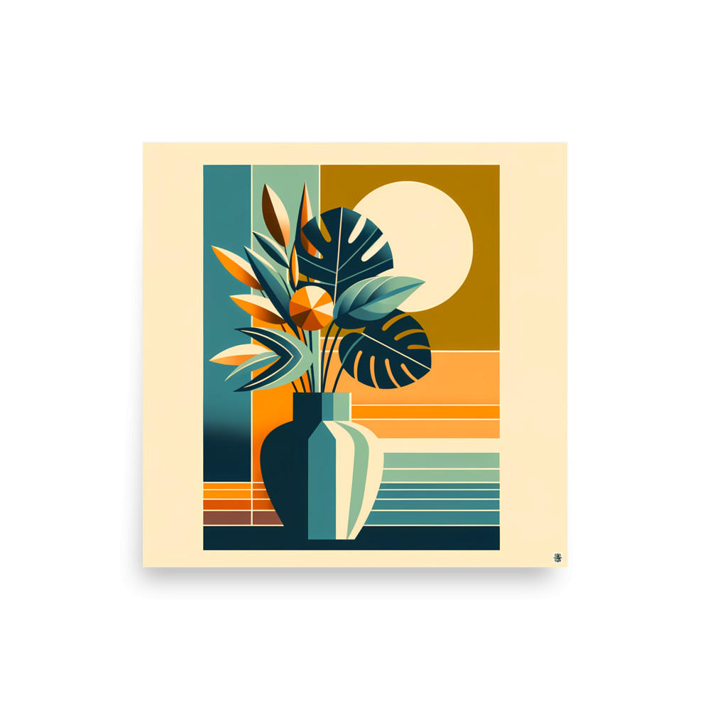 Geometric Botanical Vase with Sun and Tropical Leaves — Art Print