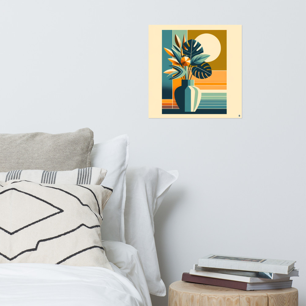 Geometric Botanical Vase with Sun and Tropical Leaves