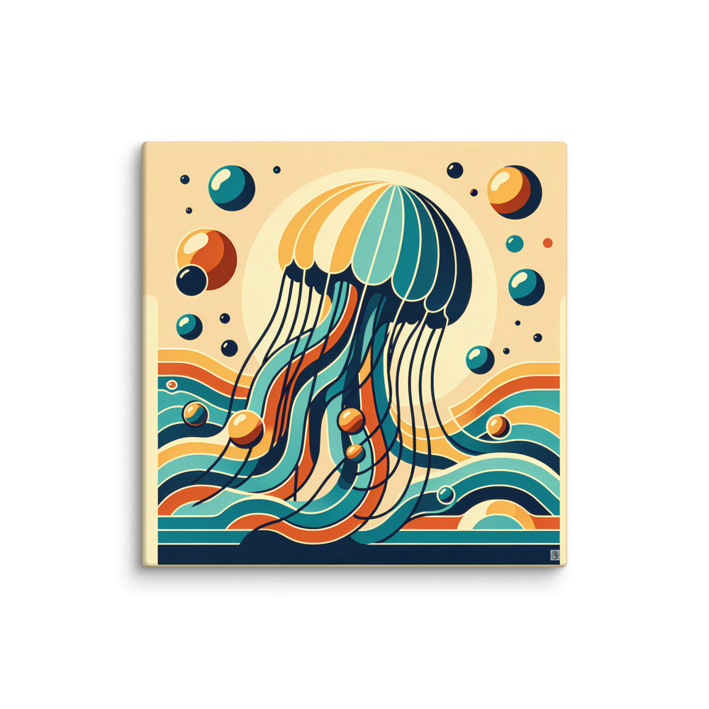 Retro jellyfish over stylised ocean waves — Canvas Print