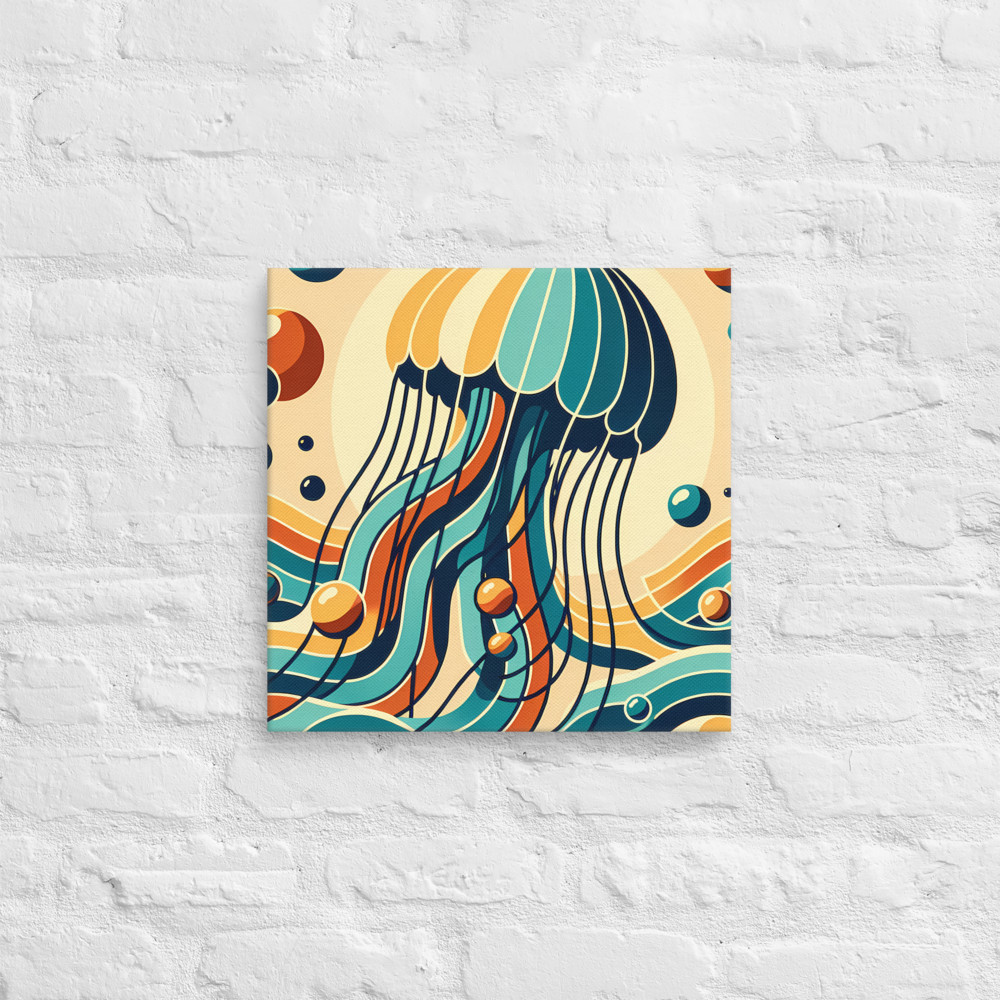 Retro jellyfish over stylised ocean waves