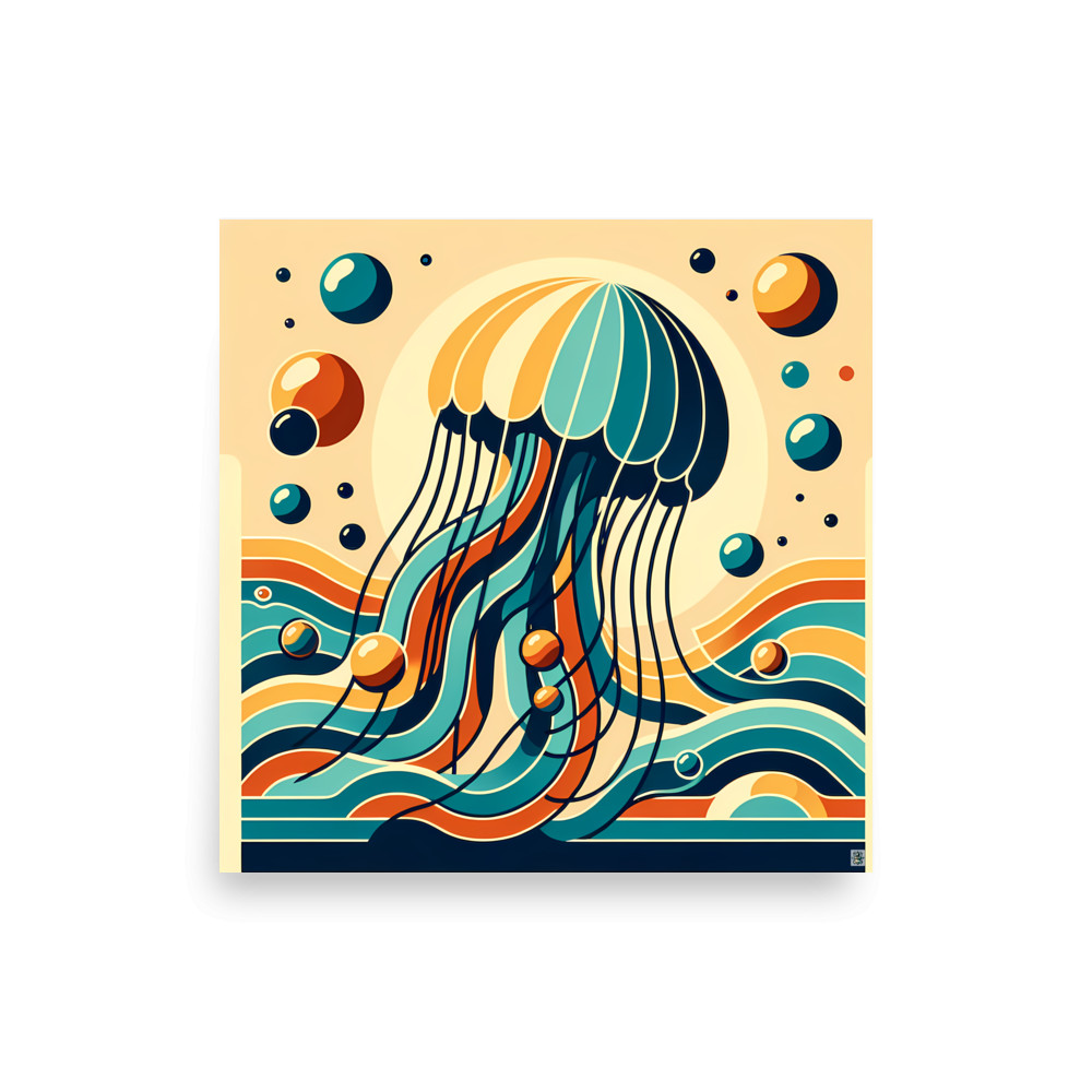 Retro jellyfish over stylised ocean waves — Art Print