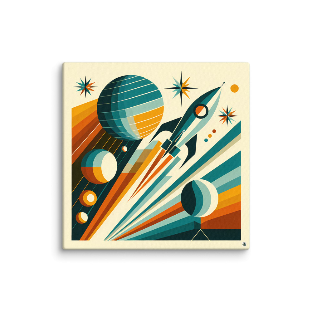 Retro Space Rocket with Planets and Starbursts — Canvas Print