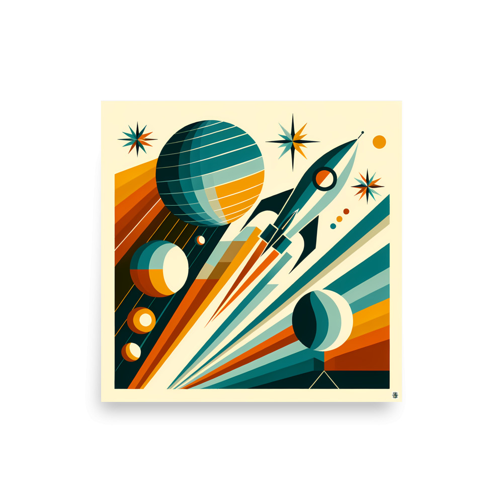 Retro Space Rocket with Planets and Starbursts — Art Print