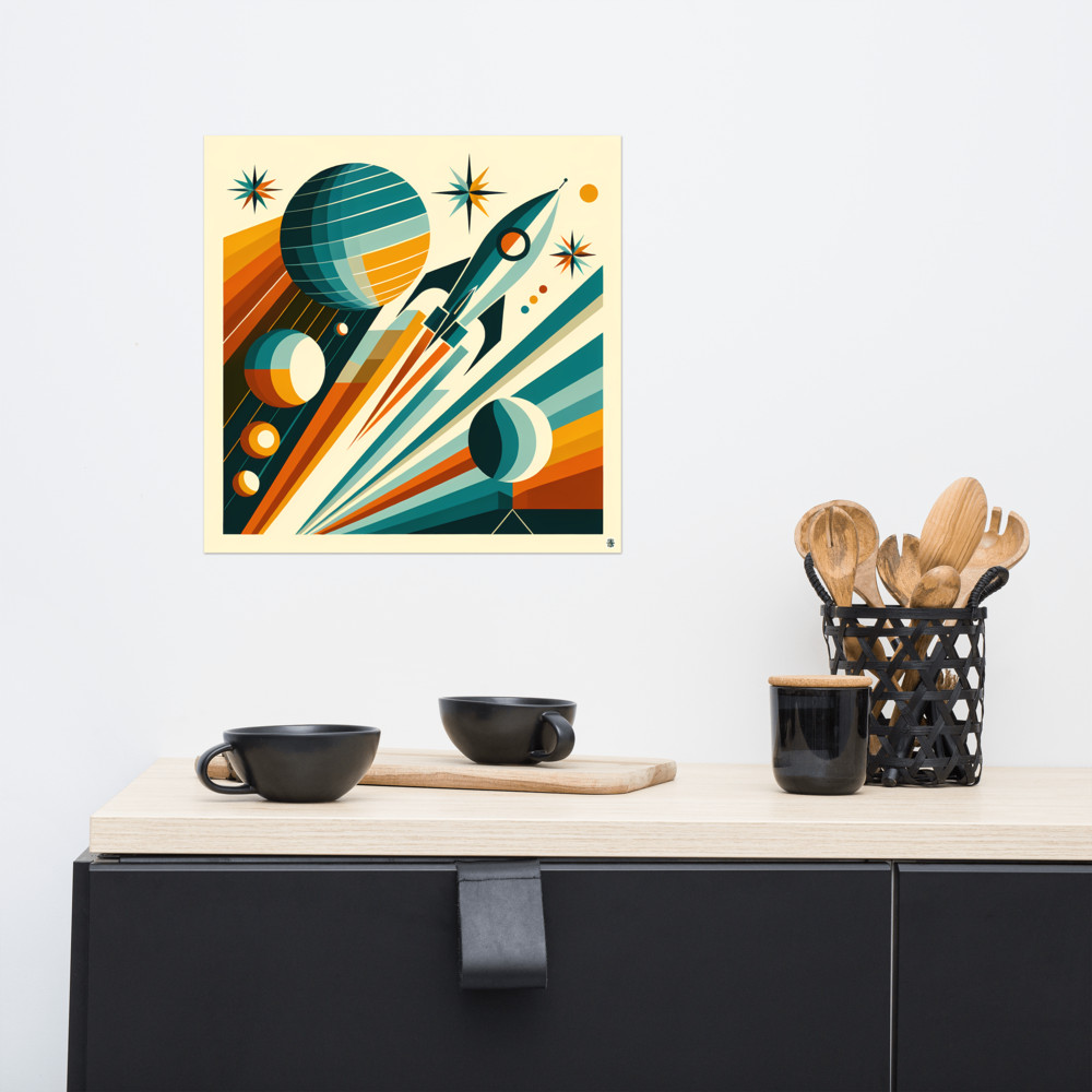 Retro Space Rocket with Planets and Starbursts
