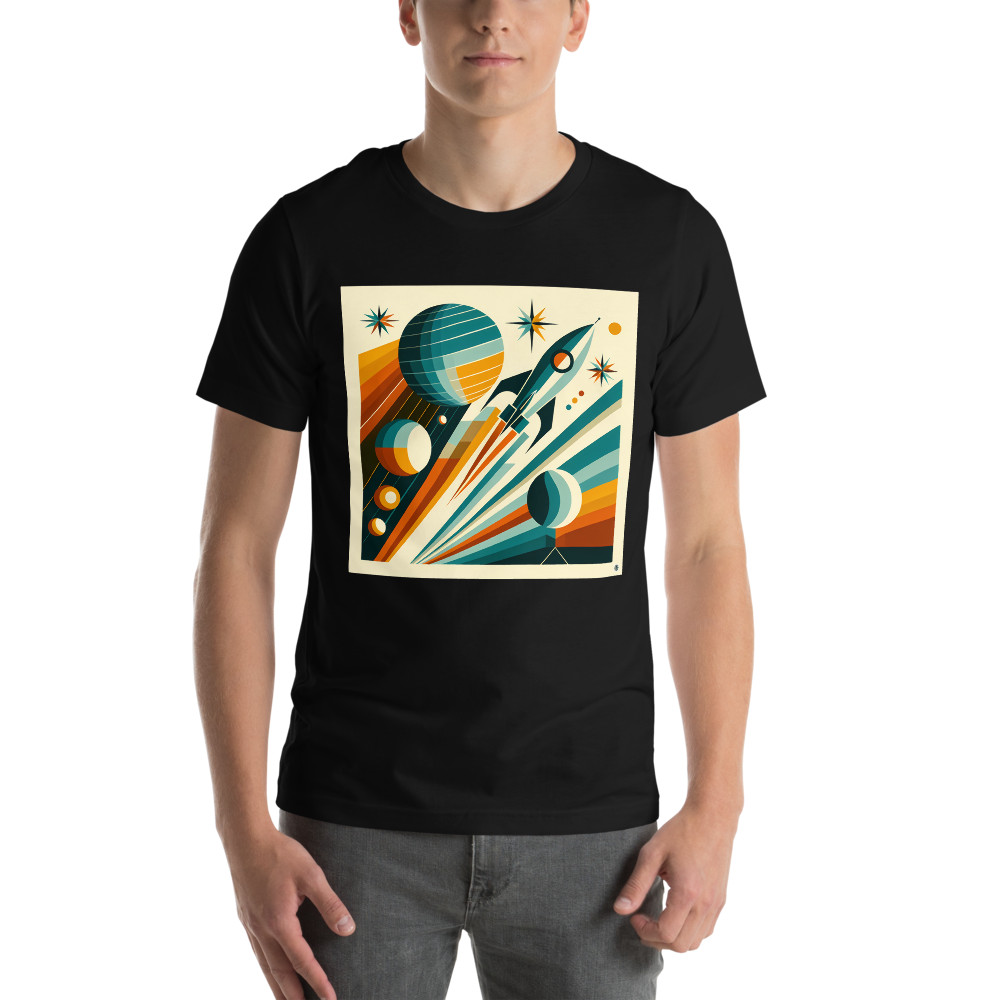 Retro Space Rocket with Planets and Starbursts