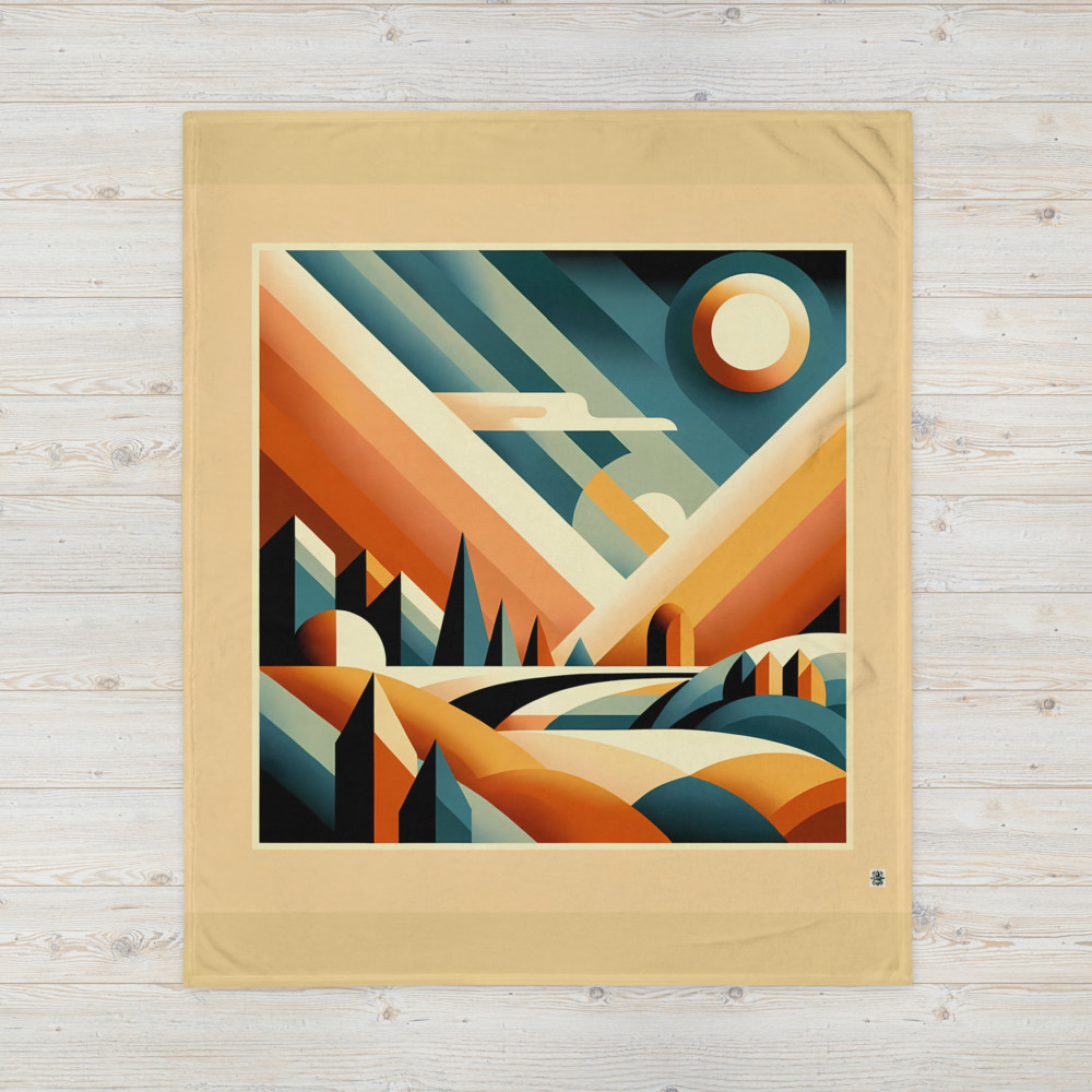 Retro Geometric Sunset Mountain Landscape in Teal