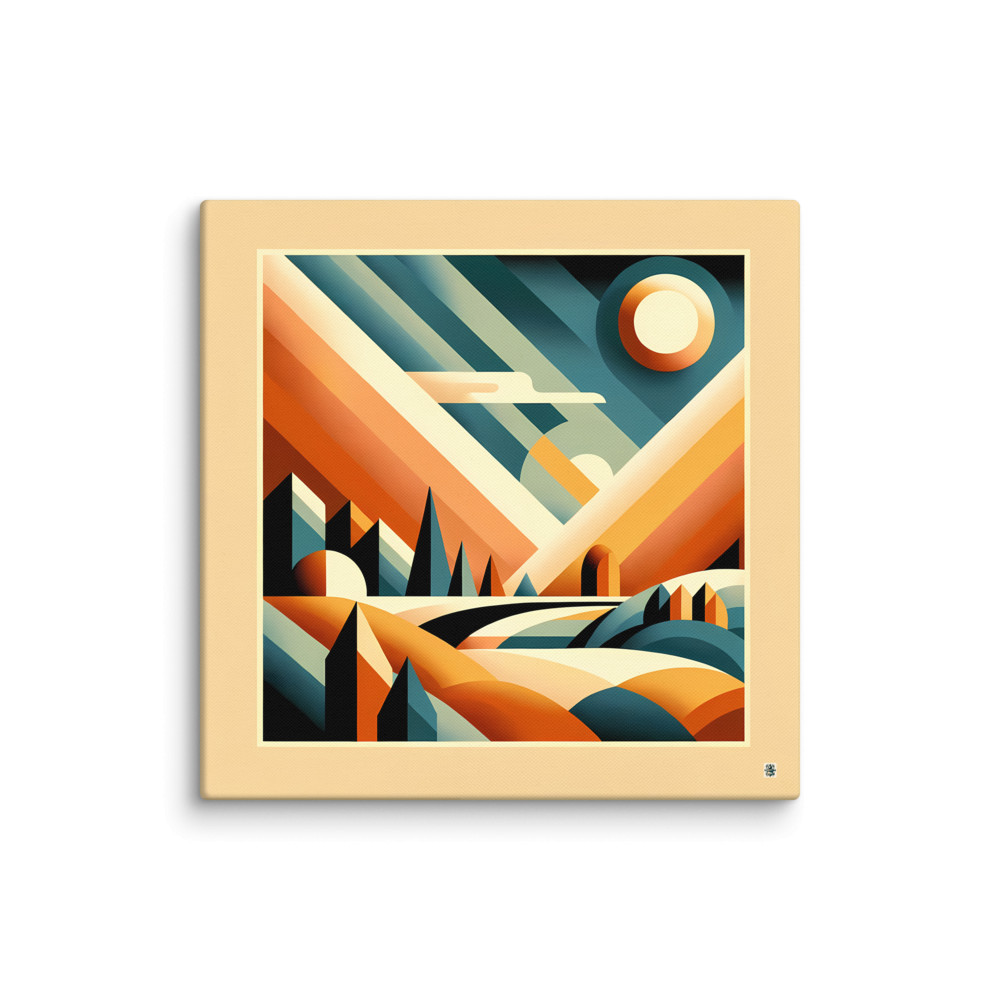 Retro Geometric Sunset Mountain Landscape in Teal