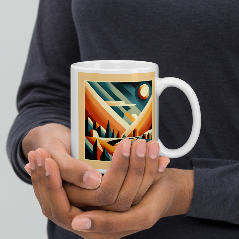Retro Geometric Sunset Mountain Landscape in Teal