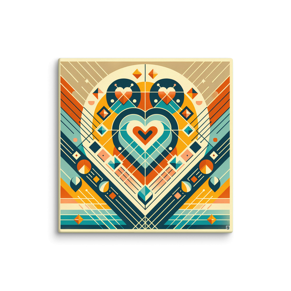 Symmetrical Geometric Heart in Teal and Amber — Canvas Print