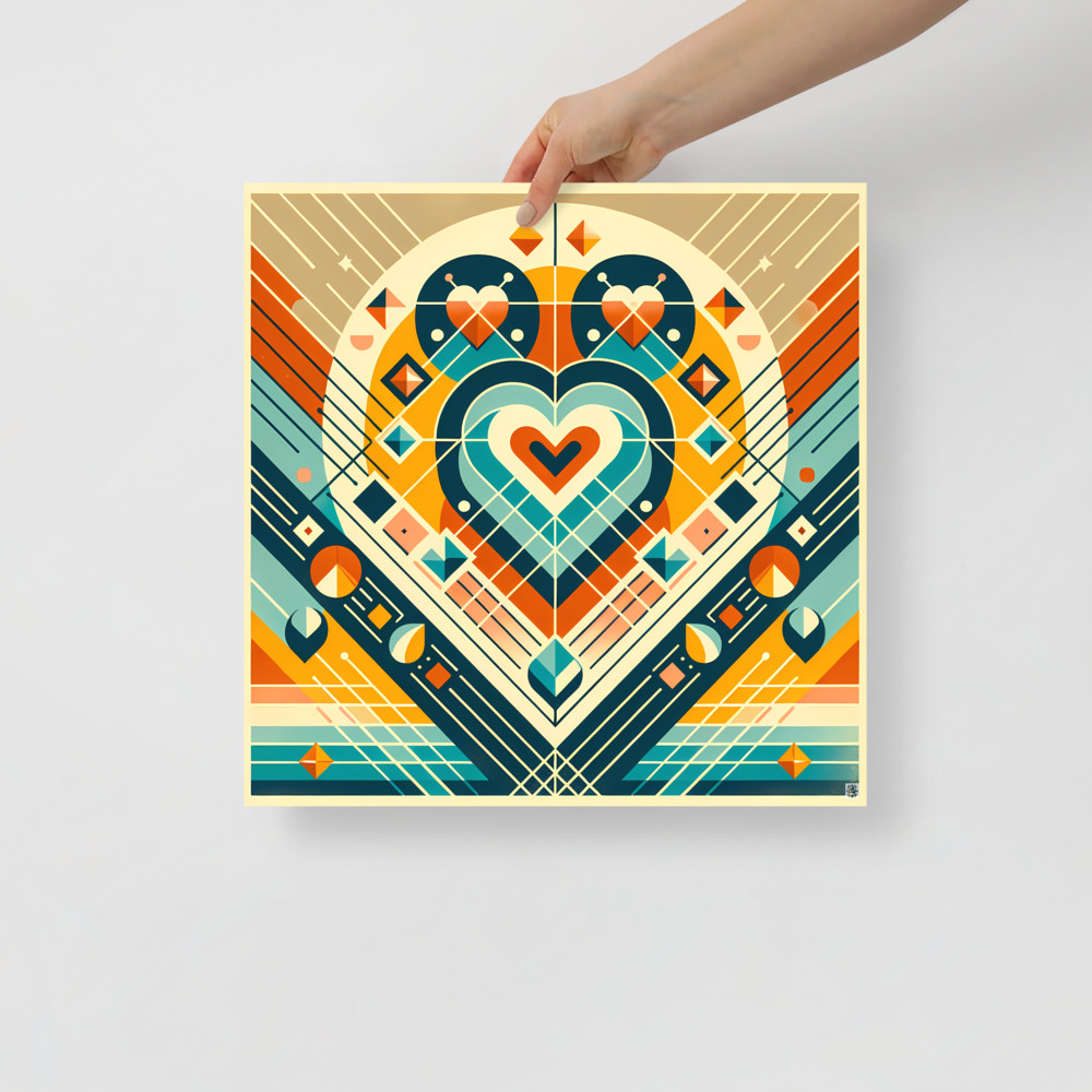 Symmetrical Geometric Heart in Teal and Amber — Art Print