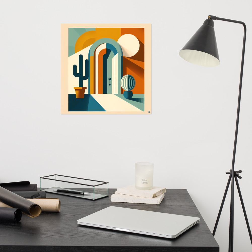 Minimal Desert Arch Courtyard with Cactus — Art Print