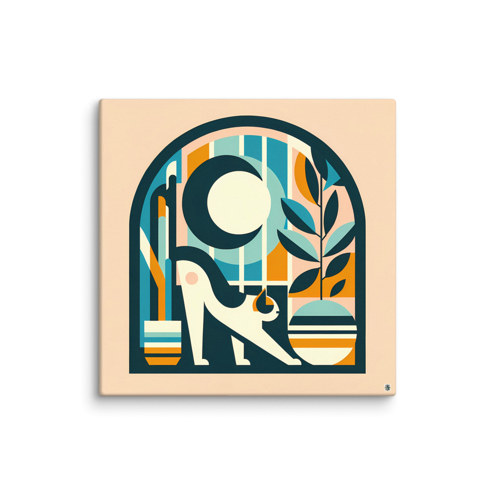 Stretching Cat in Arched Botanical Window — Canvas Print