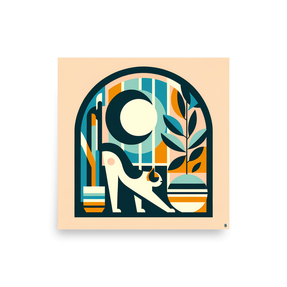 Stretching Cat in Arched Botanical Window — Art Print