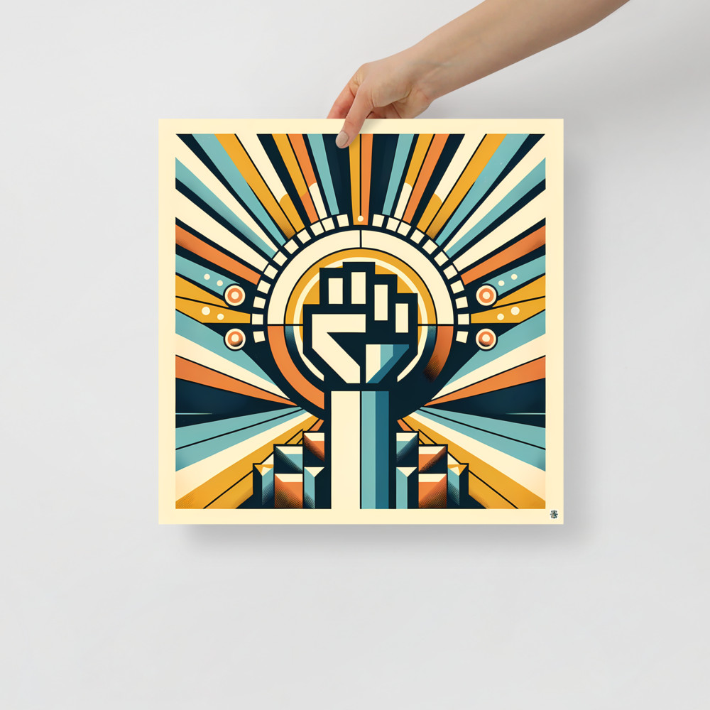 Raised Fist with Retro Geometric Sunburst