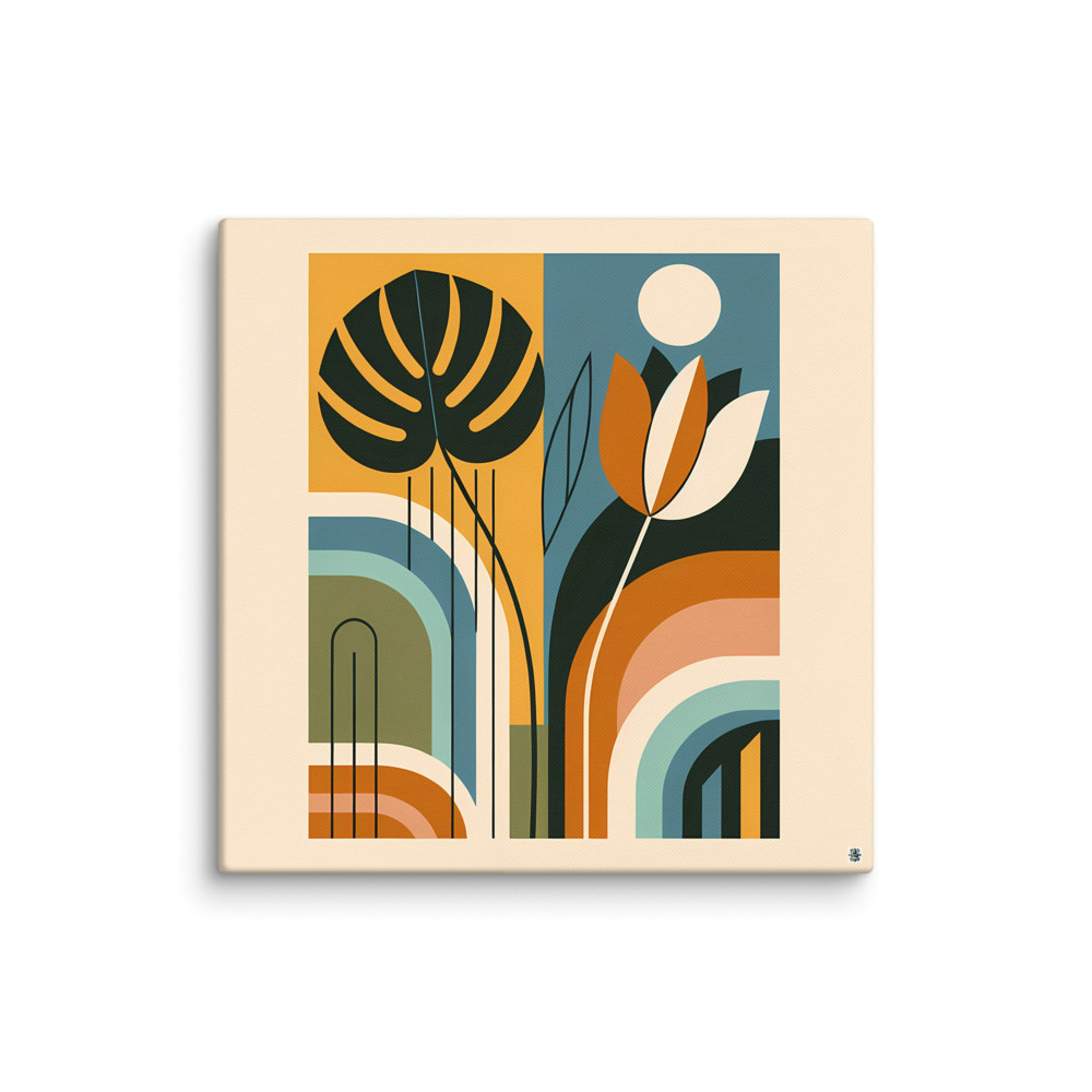 Abstract Botanical Leaves with Arches and Moon — Canvas Print