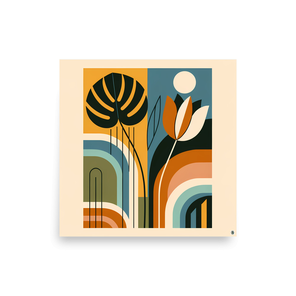 Abstract Botanical Leaves with Arches and Moon — Art Print