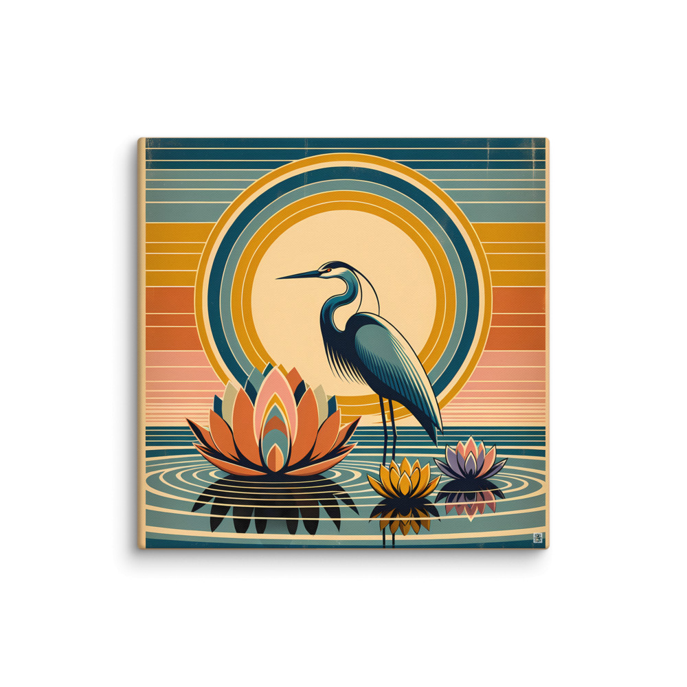 Heron and Lotus Sunset Lagoon — Canvas Print