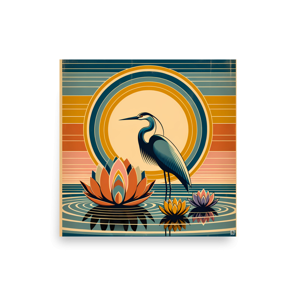 Heron and Lotus Sunset Lagoon — Art Print