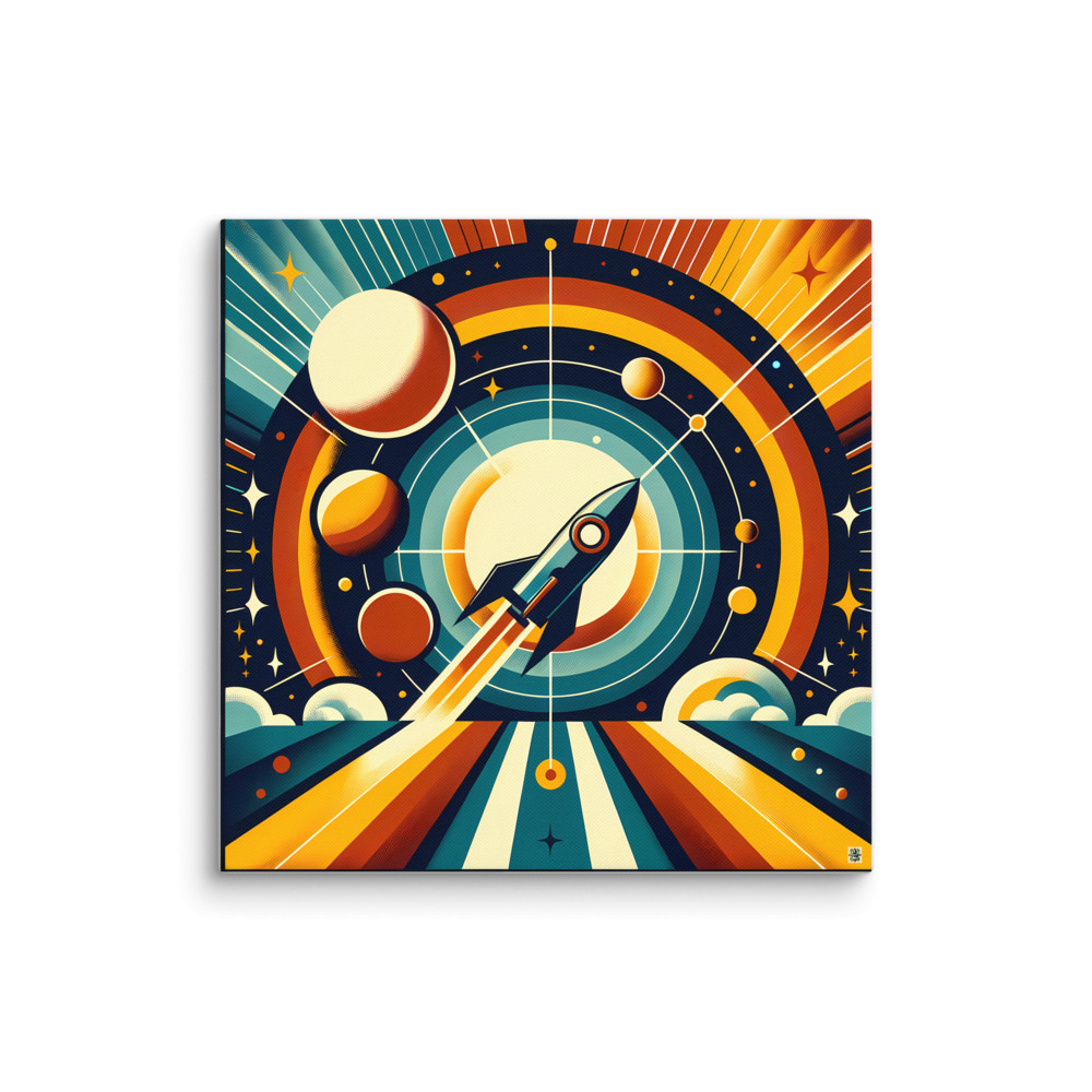 Retro Rocket Launch Through Planetary Orbits — Canvas Print